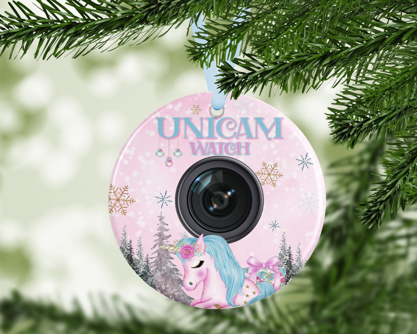 Kids Daughter Niece Unicorn Watch Cam Camera Naughty Nice Personalised Christmas Bauble Gift Present Keepsake Novelty Christmas Tree Xmas