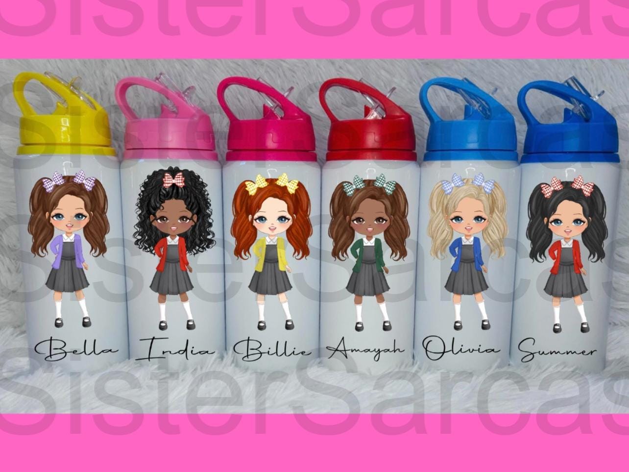 Personalised Girls Summer Dress School Water Bottle First Day of School Blue Back to School Gift for Her Daughter Granddaughter Niece