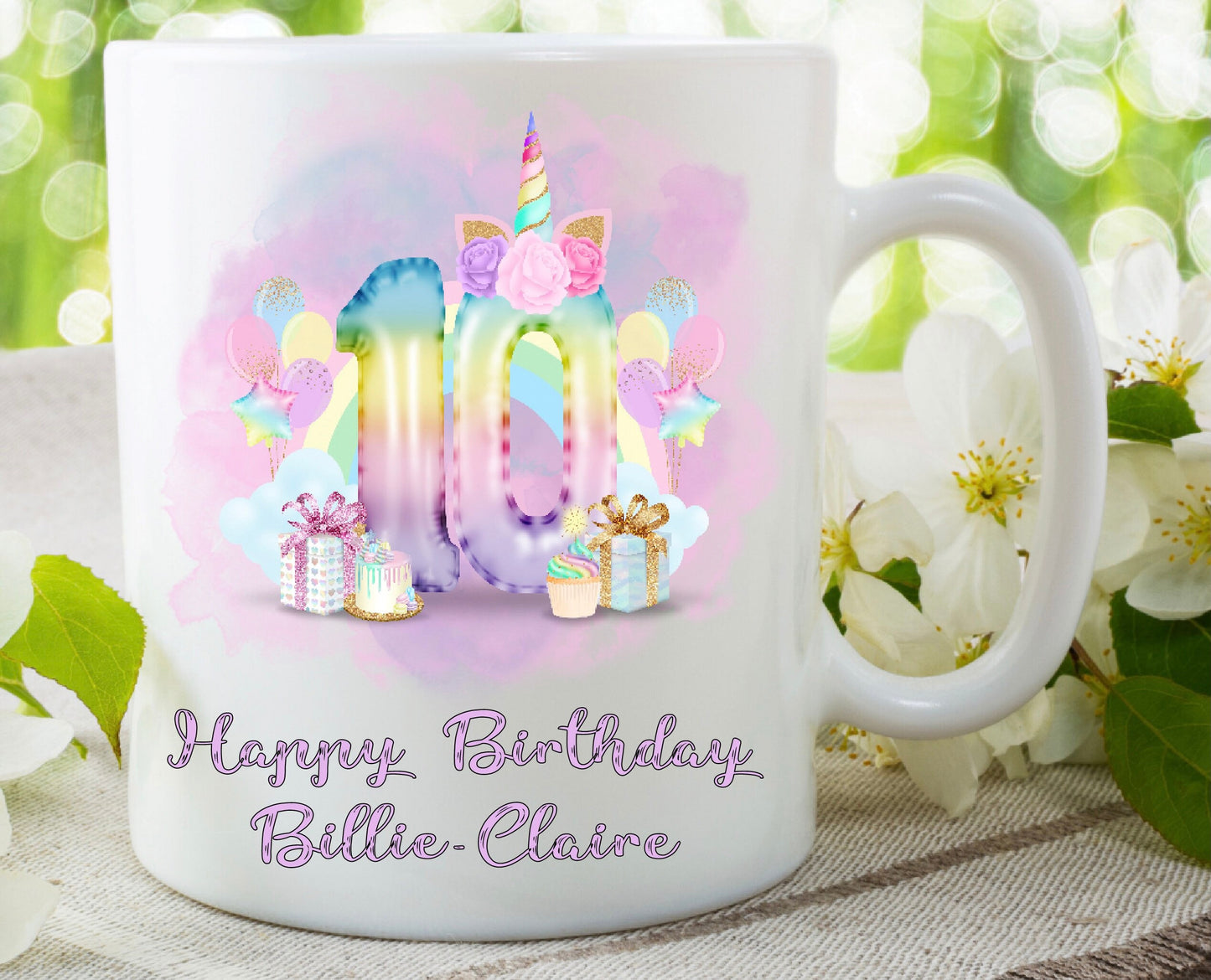 Personalised Kids milestone birthday unicorn pastel 10th Hot chocolate family tea coffee mug cup present Birthday gift keepsake