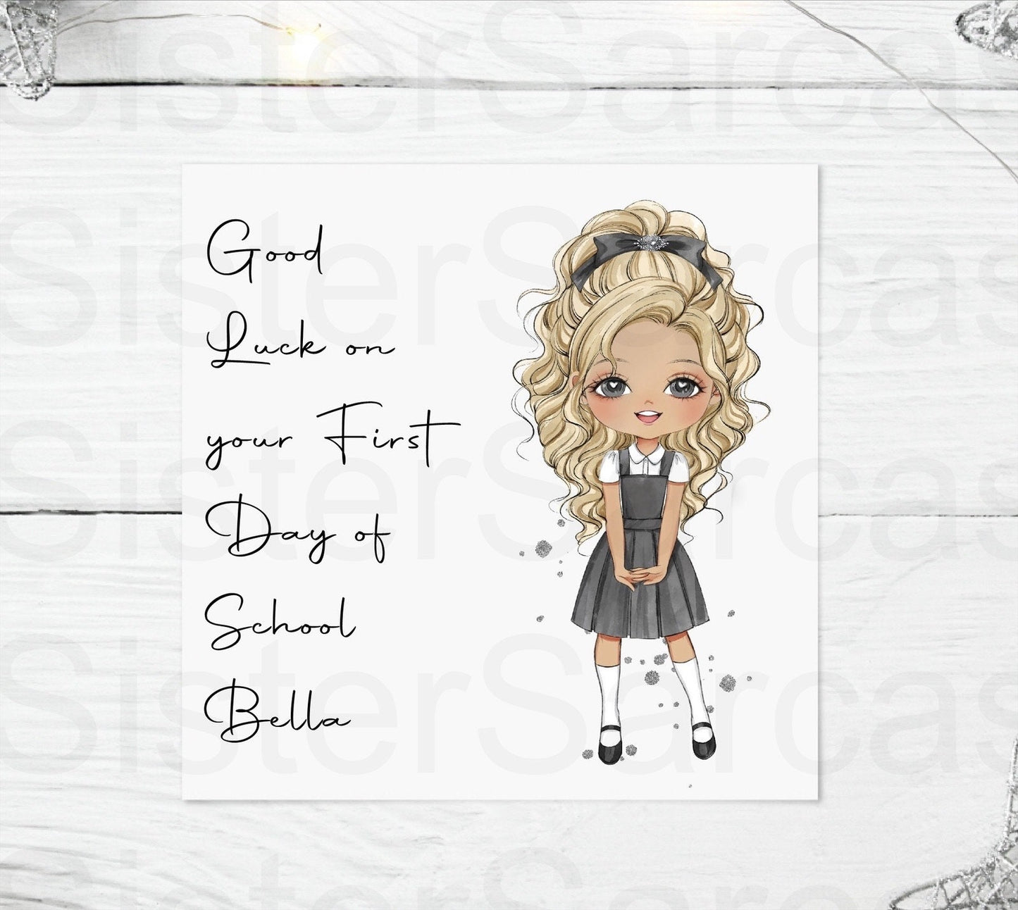 Personalised Girls First Day of School Greetings Card Blue Back to School Gift for Her Daughter Granddaughter Niece
