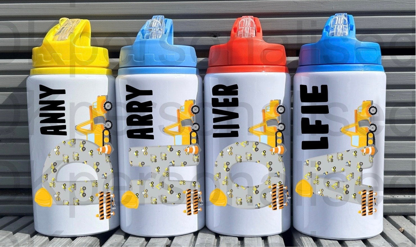 Personalised Kids Boys Digger Metal Water Bottle, Construction, Perfect For School, Sports, Gift For Him, Christmas Birthday Present
