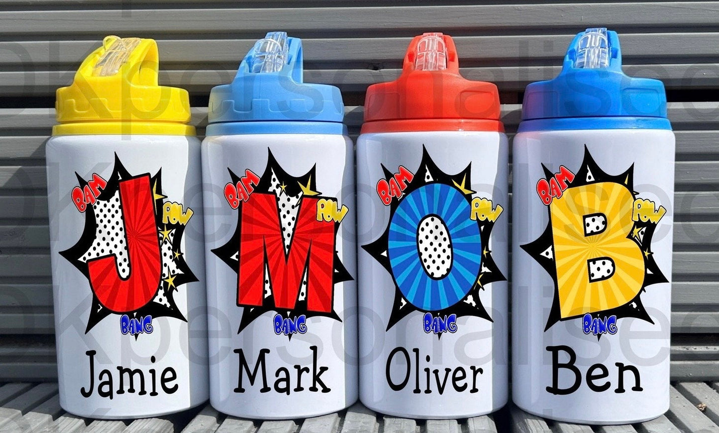 Personalised Kids Boys Metal Water Bottle Superhero, Bang Pow Zap, Perfect For School, Sports, Gift For Him, Christmas Birthday Present