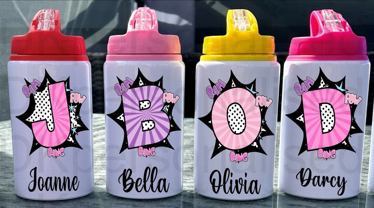 Personalised Kids Girls Metal Water Bottle Superhero, Bang Pow Zap, Perfect For School, Sports, Gift For Her, Christmas Birthday Present