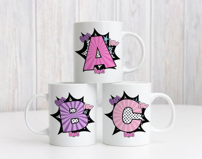 Kids Personalised Name Gift Mug Number Letter, Comic Bang Pink Blue Superhero Birthday Present Christmas Gift, Brother Sister Grandson
