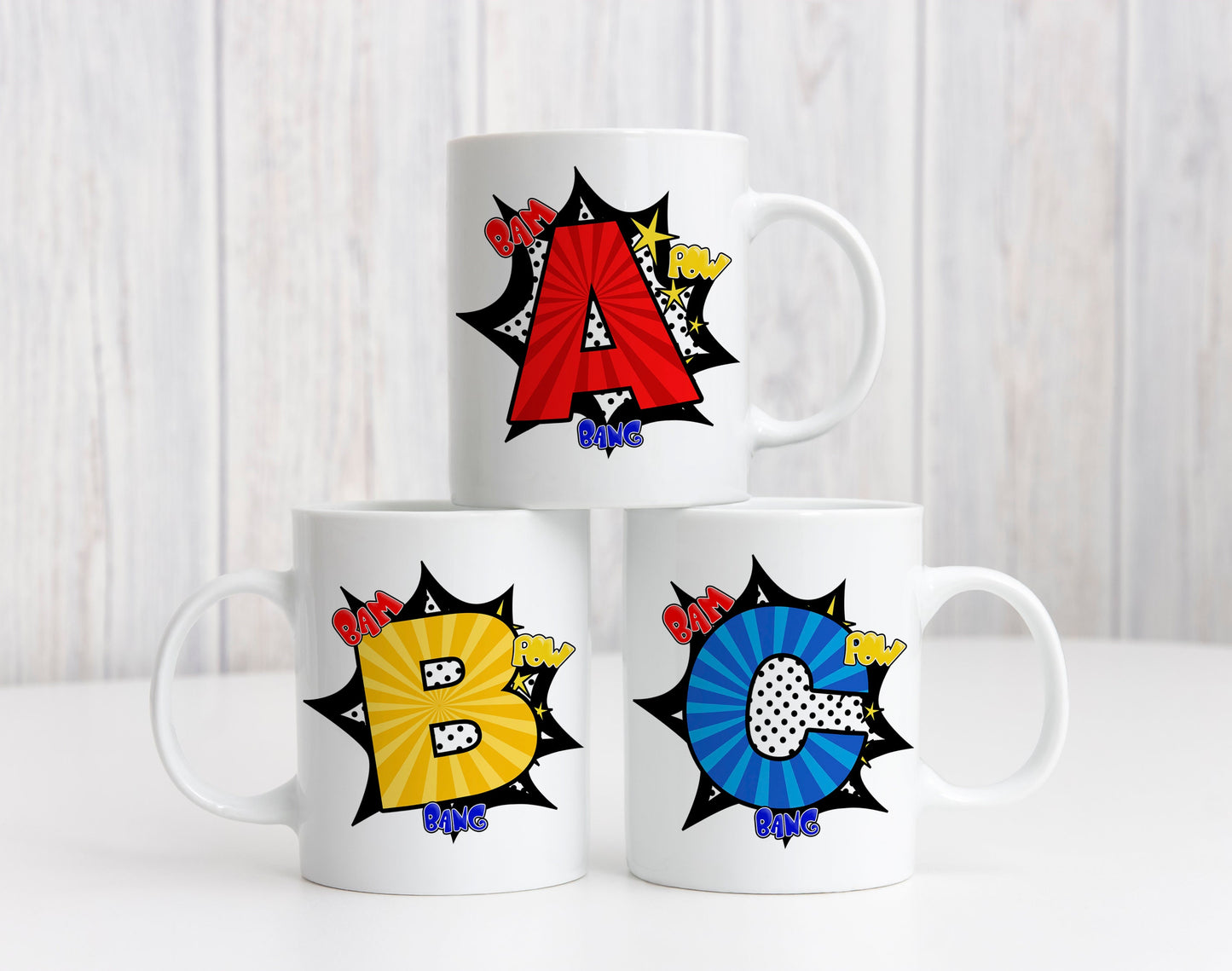 Kids Personalised Name Gift Mug Number Letter, Comic Bang Pink Blue Superhero Birthday Present Christmas Gift, Brother Sister Grandson