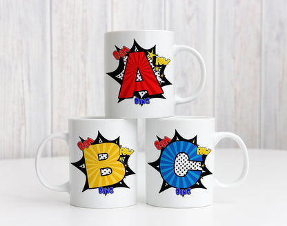 Kids Personalised Name Gift Mug Number Letter, Comic Bang Pink Blue Superhero Birthday Present Christmas Gift, Brother Sister Grandson