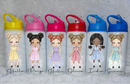 Personalised Girls School Water Bottle First Day of School Summer Gingham Dress Gift for Her Daughter Granddaughter Niece