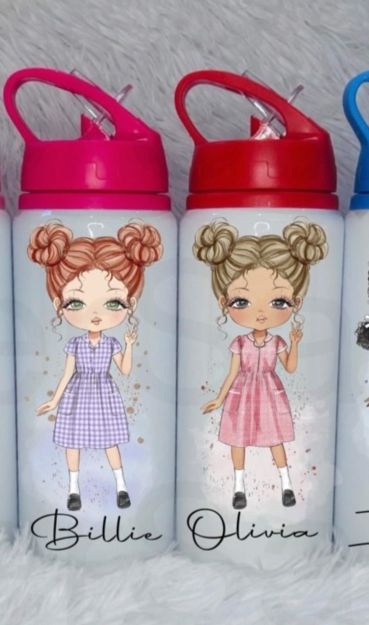 Personalised Girls School Water Bottle First Day of School Summer Gingham Dress Gift for Her Daughter Granddaughter Niece