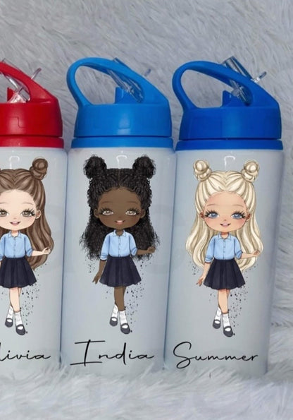 Personalised Girls School Water Bottle First Day of School Navy Skirt Blue Shirt Back to School Gift for Her Daughter Granddaughter Niece