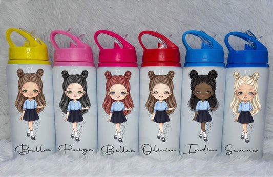 Personalised Girls School Water Bottle First Day of School Navy Skirt Blue Shirt Back to School Gift for Her Daughter Granddaughter Niece