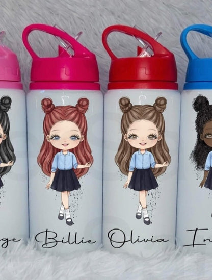 Personalised Girls School Water Bottle First Day of School Navy Skirt Blue Shirt Back to School Gift for Her Daughter Granddaughter Niece
