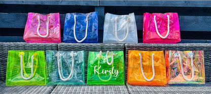 Personalised PVC Beach Bag with Sturdy Rope Handle - various colours available, perfect for holiday, holiday beach bag, neon beach bags,