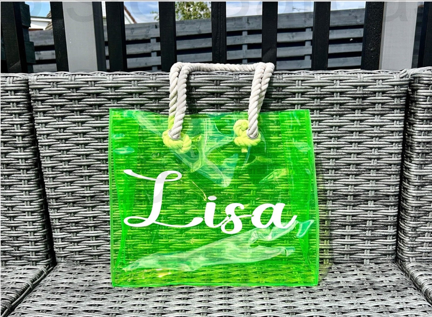 Personalised PVC Beach Bag with Sturdy Rope Handle - various colours available, perfect for holiday, holiday beach bag, neon beach bags,