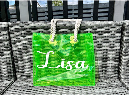 Personalised PVC Beach Bag with Sturdy Rope Handle - various colours available, perfect for holiday, holiday beach bag, neon beach bags,