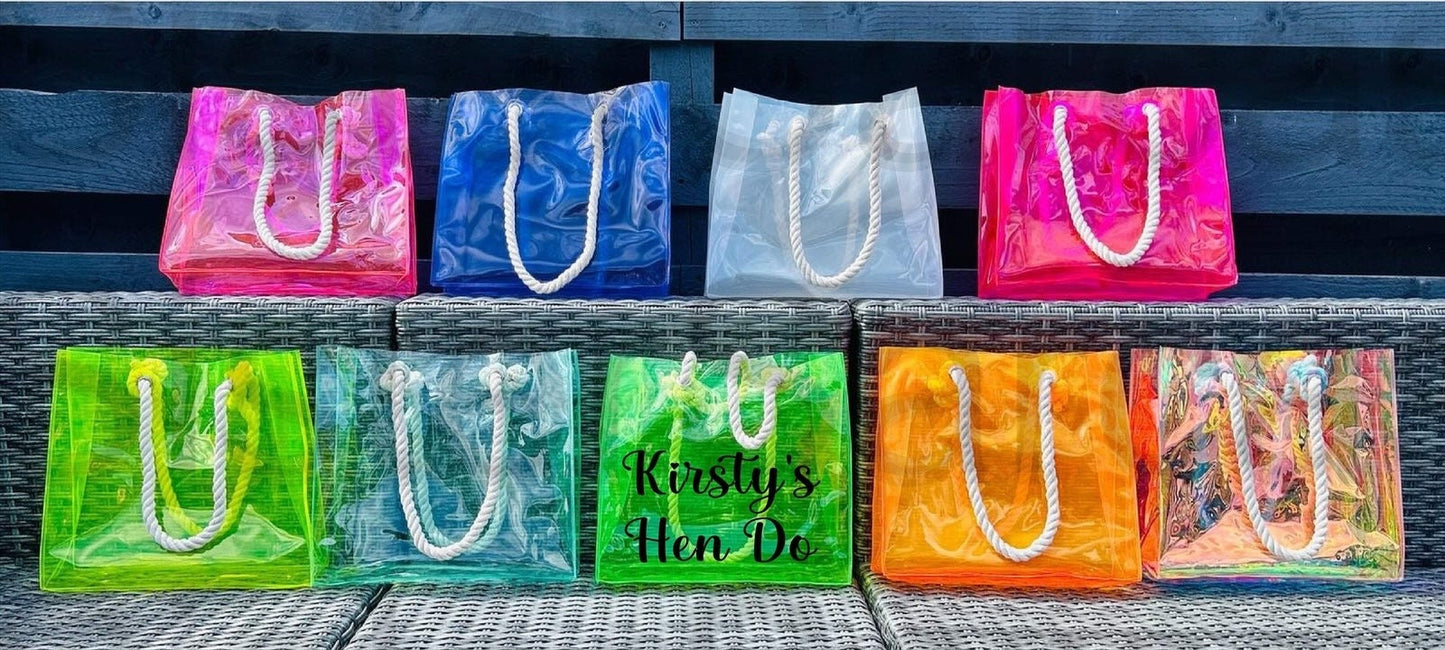 Personalised Hen Do PVC Beach Bag, Beach Bag with Sturdy Rope Handle - various colours available, perfect for holiday, neon beach bags,
