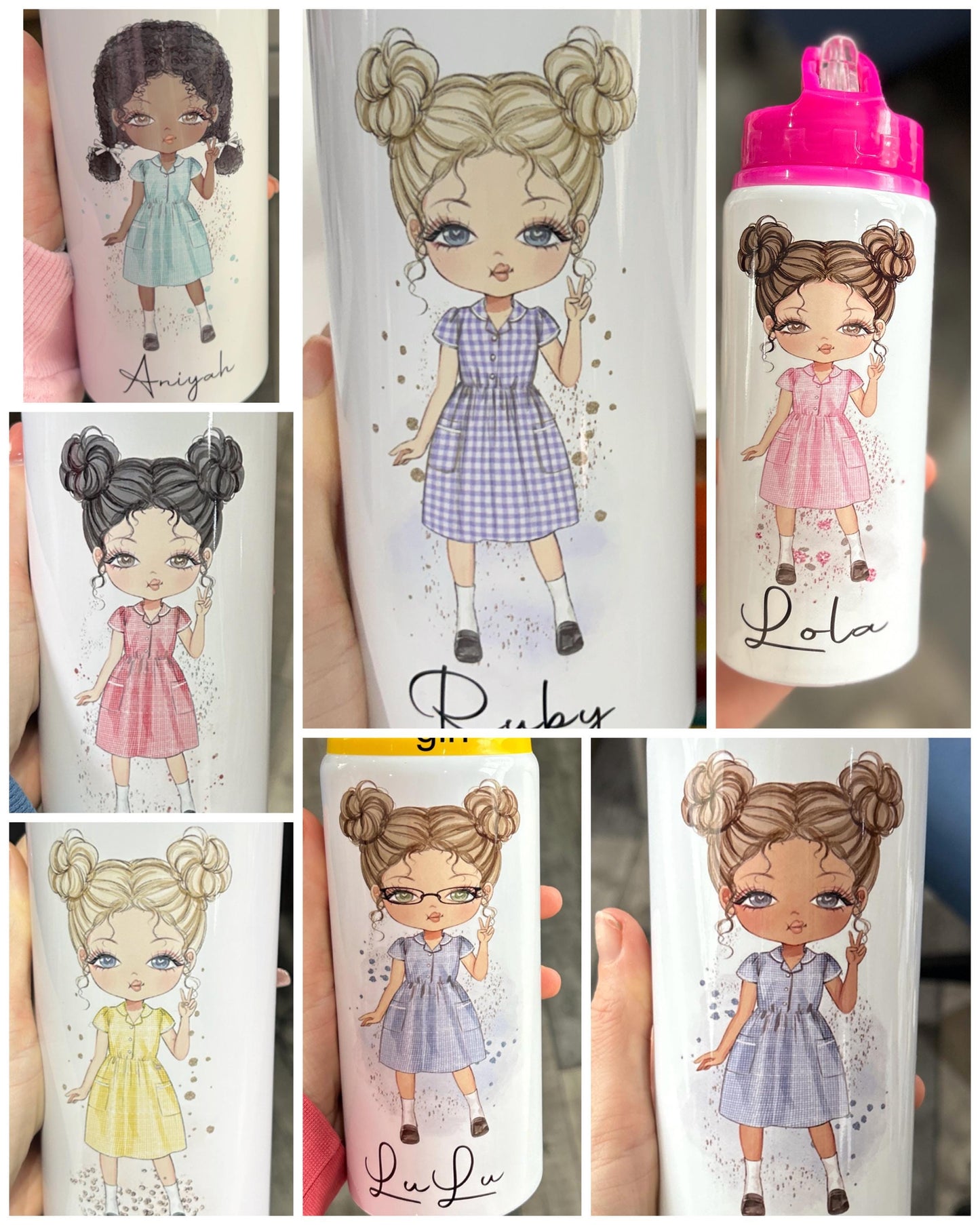 Personalised Girls School Water Bottle First Day of School Summer Gingham Dress Gift for Her Daughter Granddaughter Niece