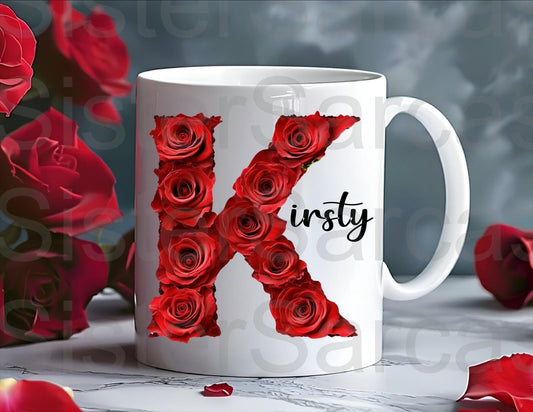 Red Roses Initial - Personalised Mug - Birthday Gift - Bestie Gift - Retirement Gift - Funny Gift - Valentine’s Day