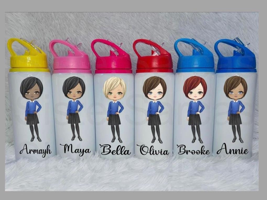 Personalised Girls School Water Bottle - First Day of School - Blue Uniform - Back to School - Gift for Her  - Daughter Granddaughter Niece