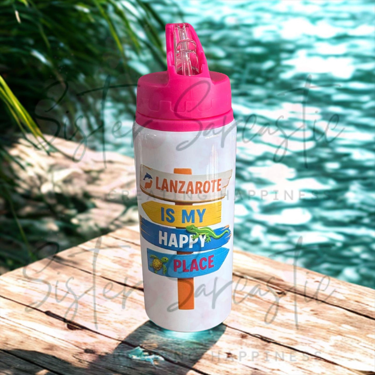 Personalised Lanzarote Is My Happy Place Water Bottle - Stocking Filler- Holiday Bottle - Gift For Her