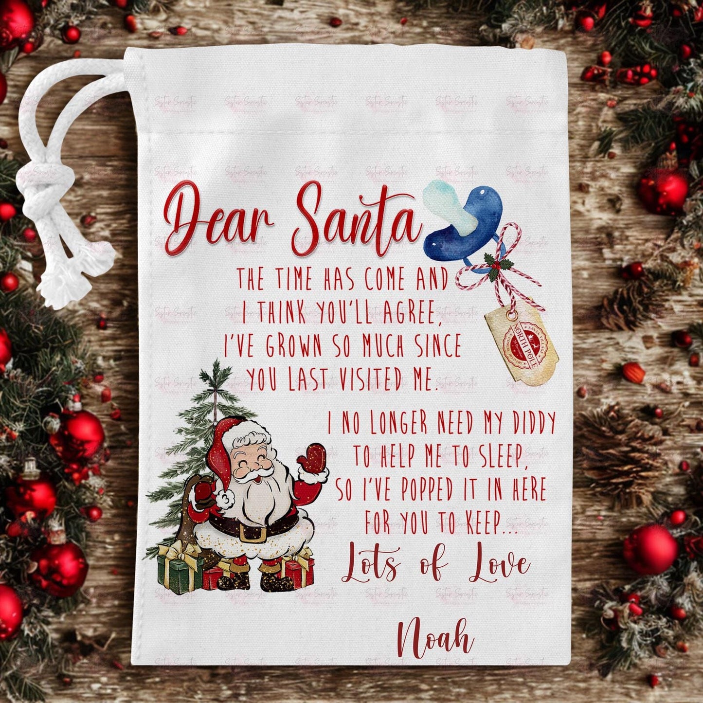 Personalised Toddler Dummy For Santa Claus - Dummy Fairy - White Pouch Bag For Christmas Fairy - Goodbye To Dummies