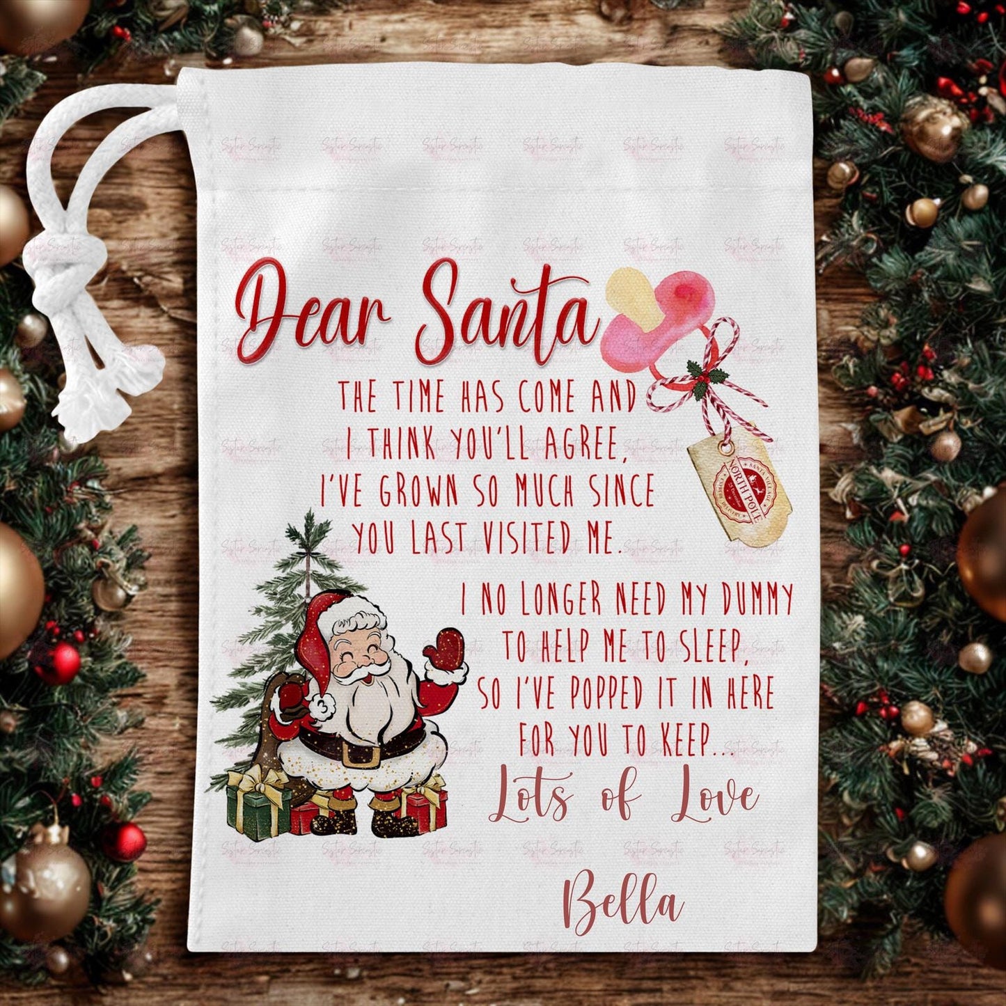 Personalised Toddler Dummy For Santa Claus - Dummy Fairy - White Pouch Bag For Christmas Fairy - Goodbye To Dummies