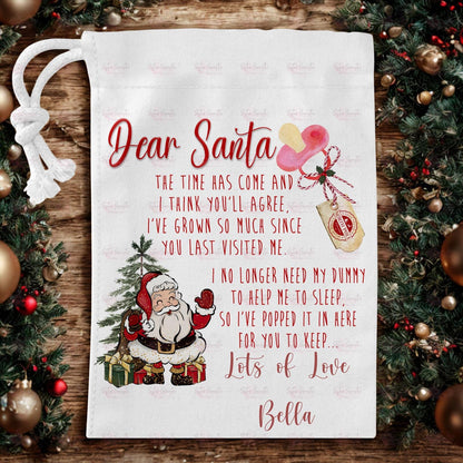 Personalised Toddler Dummy For Santa Claus - Dummy Fairy - White Pouch Bag For Christmas Fairy - Goodbye To Dummies