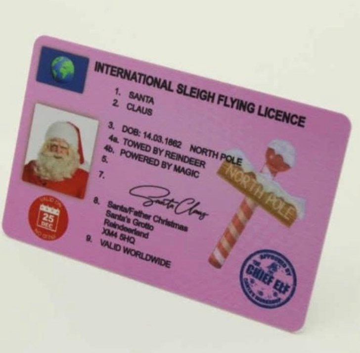 Novelty Santa left his sleigh flying driving licence powered by reindeers Father Christmas perfect for Christmas Eve