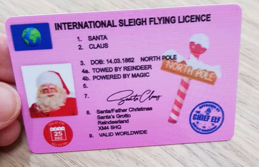 Novelty Santa left his sleigh flying driving licence powered by reindeers Father Christmas perfect for Christmas Eve