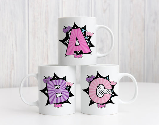 Kids Personalised Mug | Number Letter | Comic Bang Pink Blue | Superhero Birthday Present Christmas Gift | Brother Sister Friend