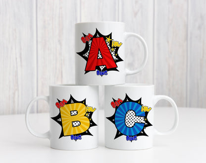 Kids Personalised Mug | Number Letter | Comic Bang Pink Blue | Superhero Birthday Present Christmas Gift | Brother Sister Friend