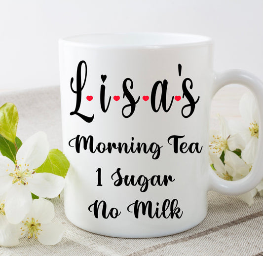 personalised name morning tea cup mug birthday gift Christmas present for her for him