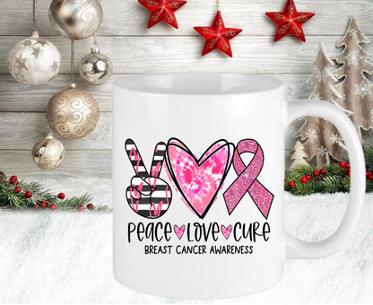 Personalised Breast Cancer Awareness Cure Love Peace Mug Present Birthday Gift For Her Cup Christmas Present