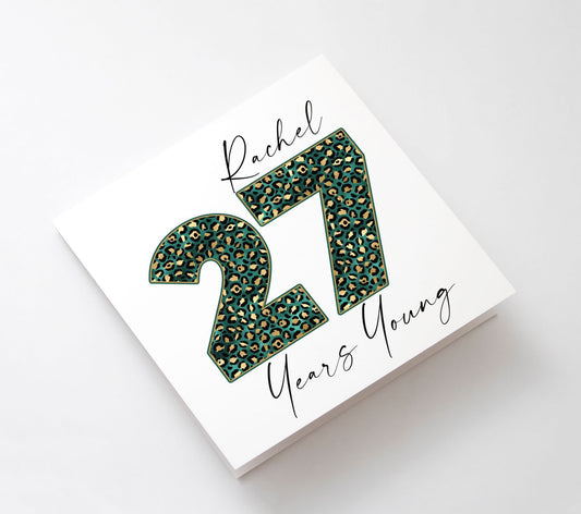 Personalised 16th 18th 21st 30th 40th 50th Birthday Greetings Card, Green & Gold Leopard Print Birthday Card, For Mum Milestone Birthday
