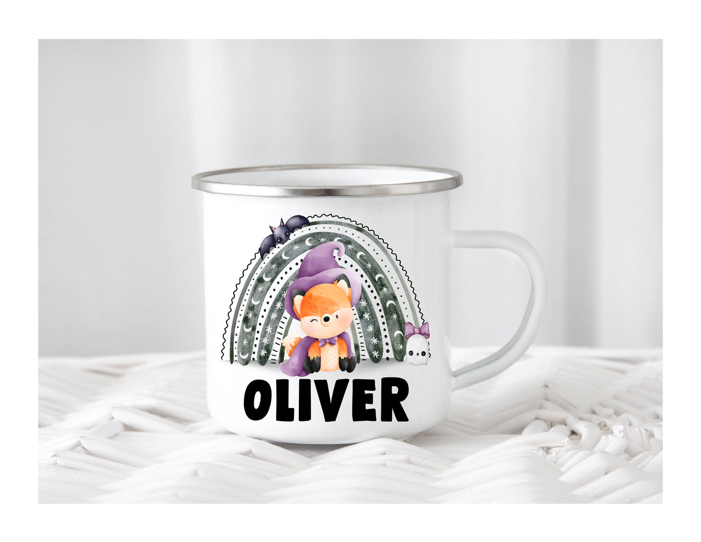 Kids Personalised Halloween Enamel Lion Fox Son Daughter Granddaughter Grandson Nephew Niece Cup Mug Gift Present