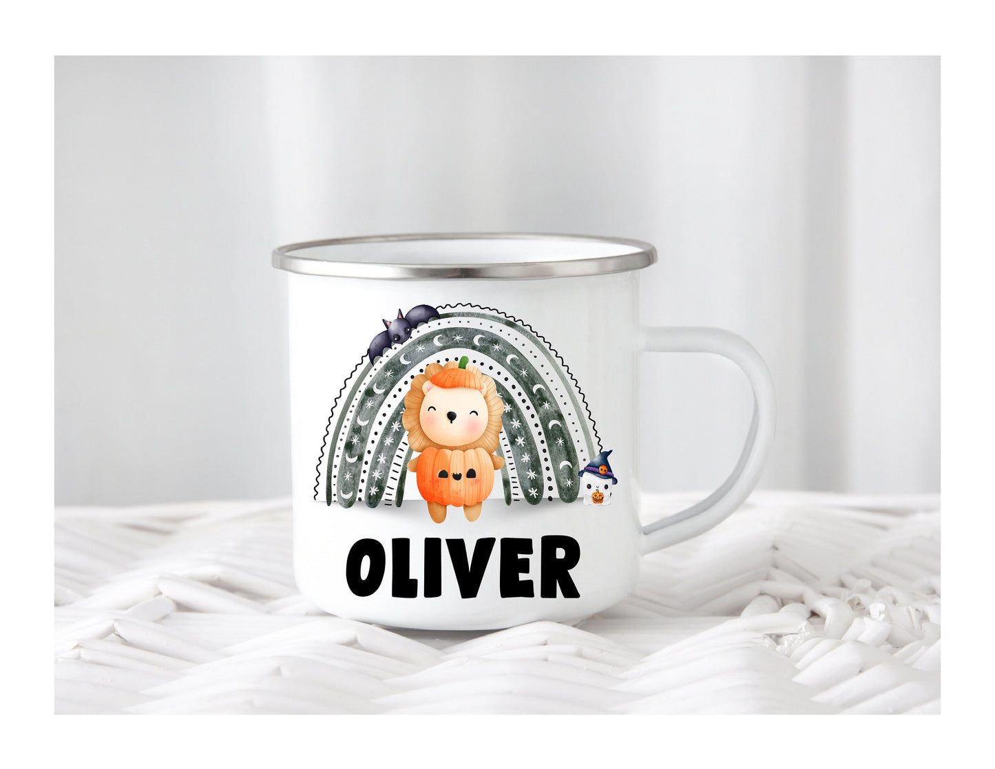 Kids Personalised Halloween Enamel Lion Fox Son Daughter Granddaughter Grandson Nephew Niece Cup Mug Gift Present