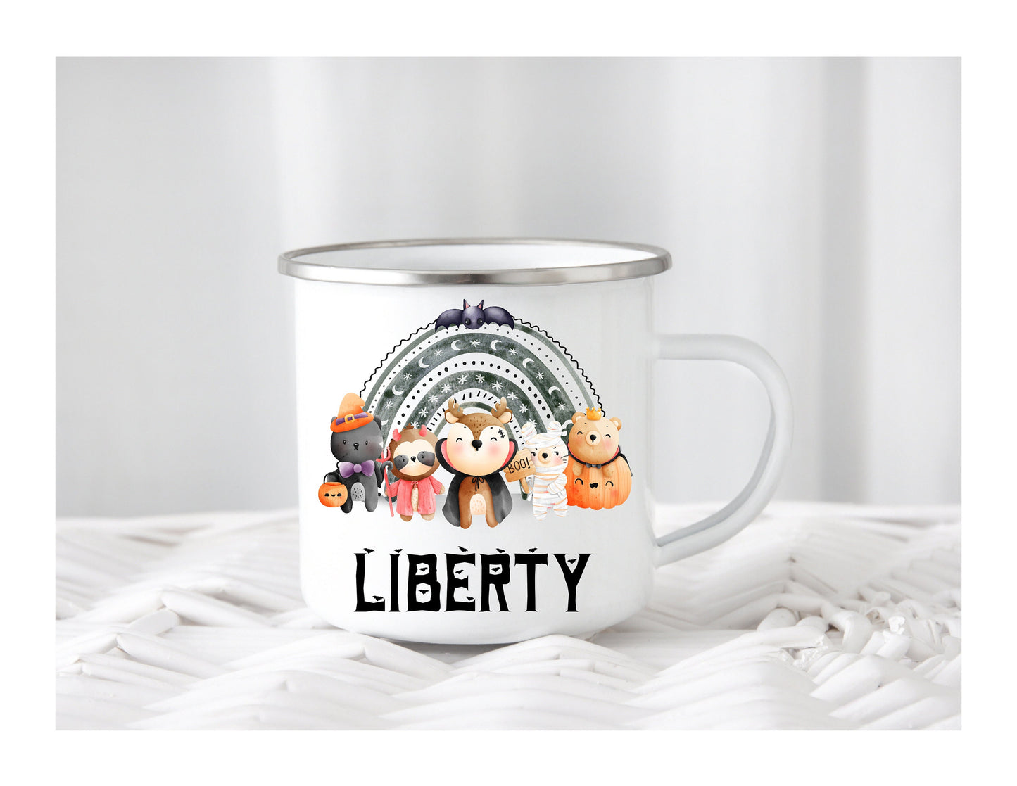 Kids Personalised Halloween Enamel Lion Fox Son Daughter Granddaughter Grandson Nephew Niece Cup Mug Gift Present