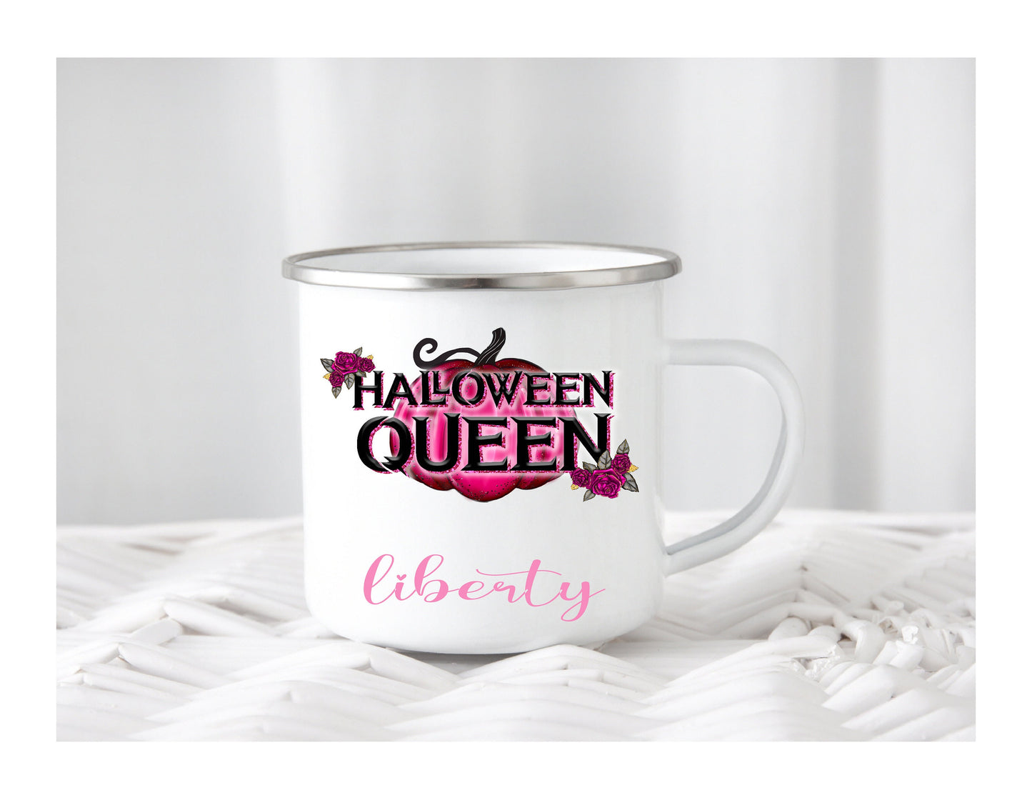 Kids Personalised Halloween Queen Pink Green Enamel Son Daughter Granddaughter Grandson Nephew Niece Cup Mug Gift Present