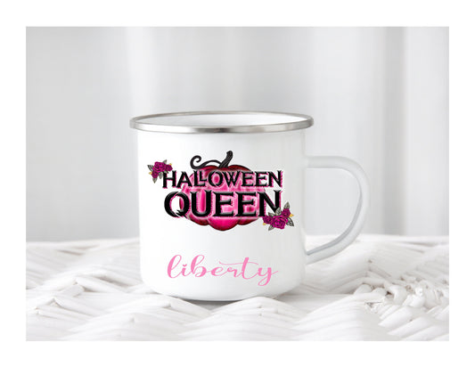 Kids Personalised Halloween Queen Pink Green Enamel Son Daughter Granddaughter Grandson Nephew Niece Cup Mug Gift Present