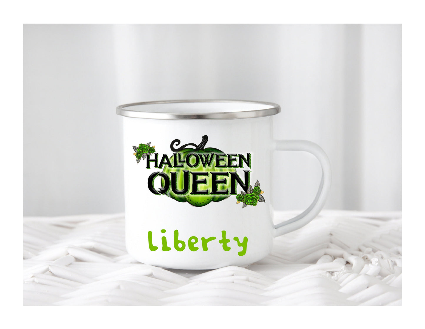 Kids Personalised Halloween Queen Pink Green Enamel Son Daughter Granddaughter Grandson Nephew Niece Cup Mug Gift Present