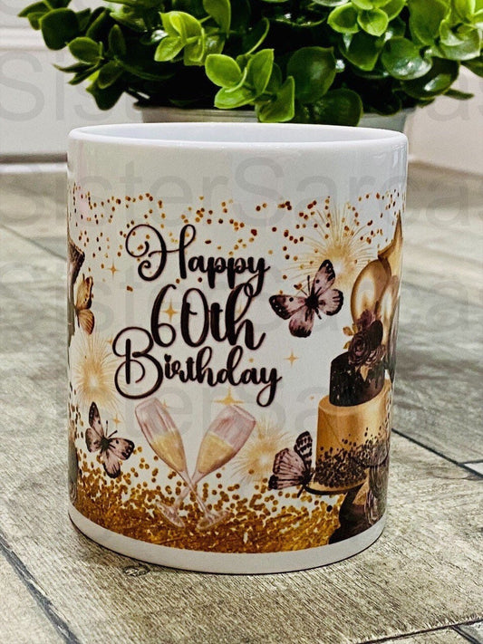 Personalised 60th Black & Gold Birthday Mug Cup Gran Grandad Mum Dad Husband Wife Hot chocolate tea coffee present Birthday gift keepsake