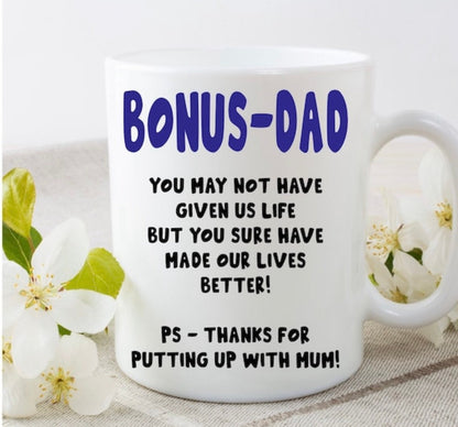 Bonus-Dad stepdad step-dad Father’s Day funny mug cup birthday present Christmas gift
