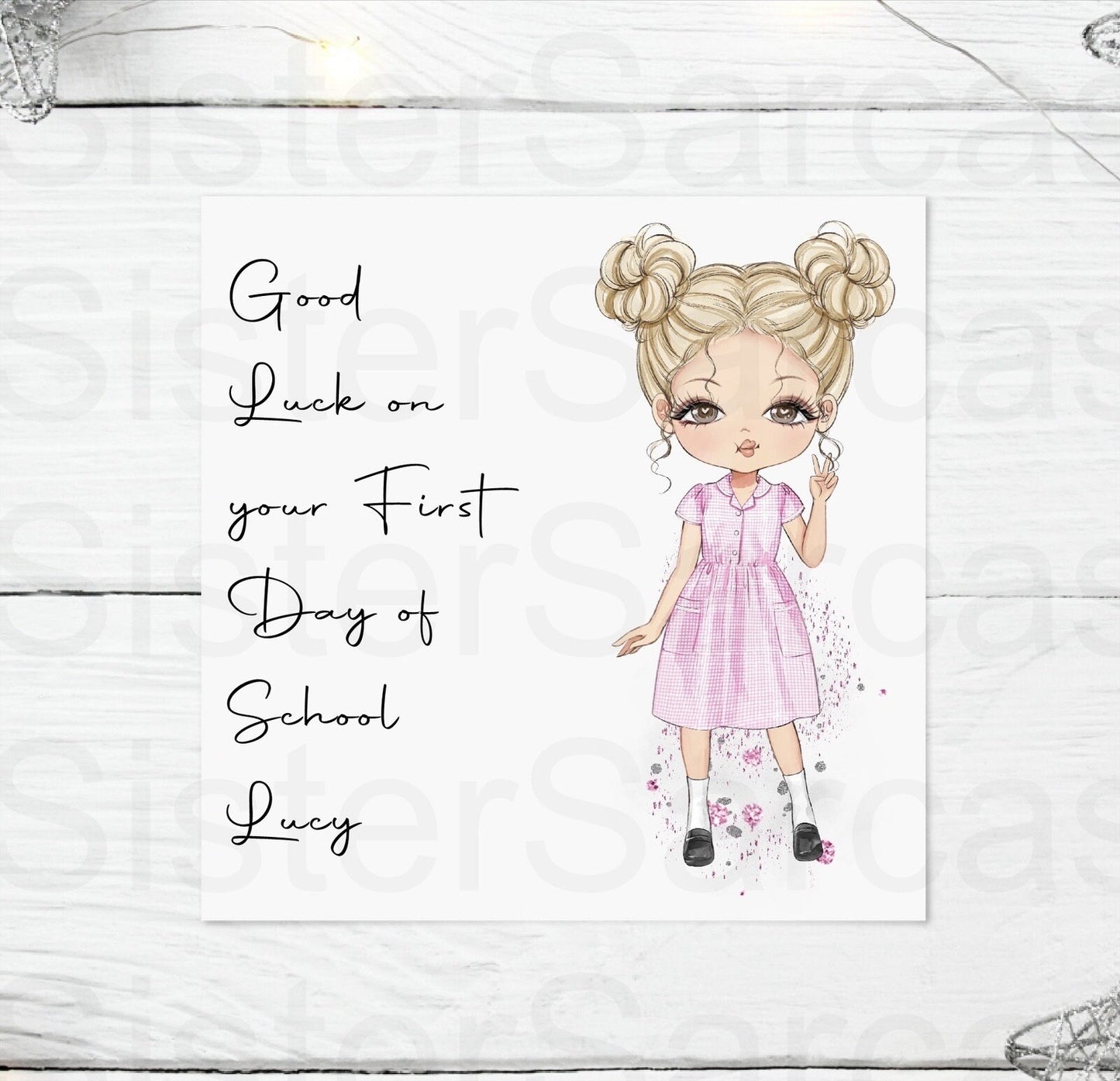 Personalised Girls School Greeting Card First Day of School Blue Summer Dress Gift for Her Daughter Granddaughter Niece