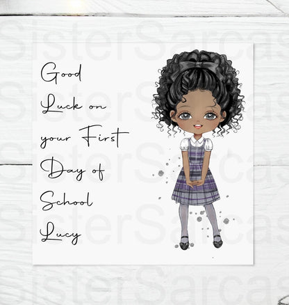 Personalised Girls School Greeting Card First Day of School Scottish Tartan Dress Gift for Her Daughter Granddaughter Niece Primary 1