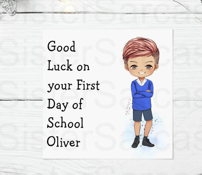 Personalised Boys First Day of School Greetings Card Blue Back to School Gift for Him Son Grandson Nephew Brother Cousin