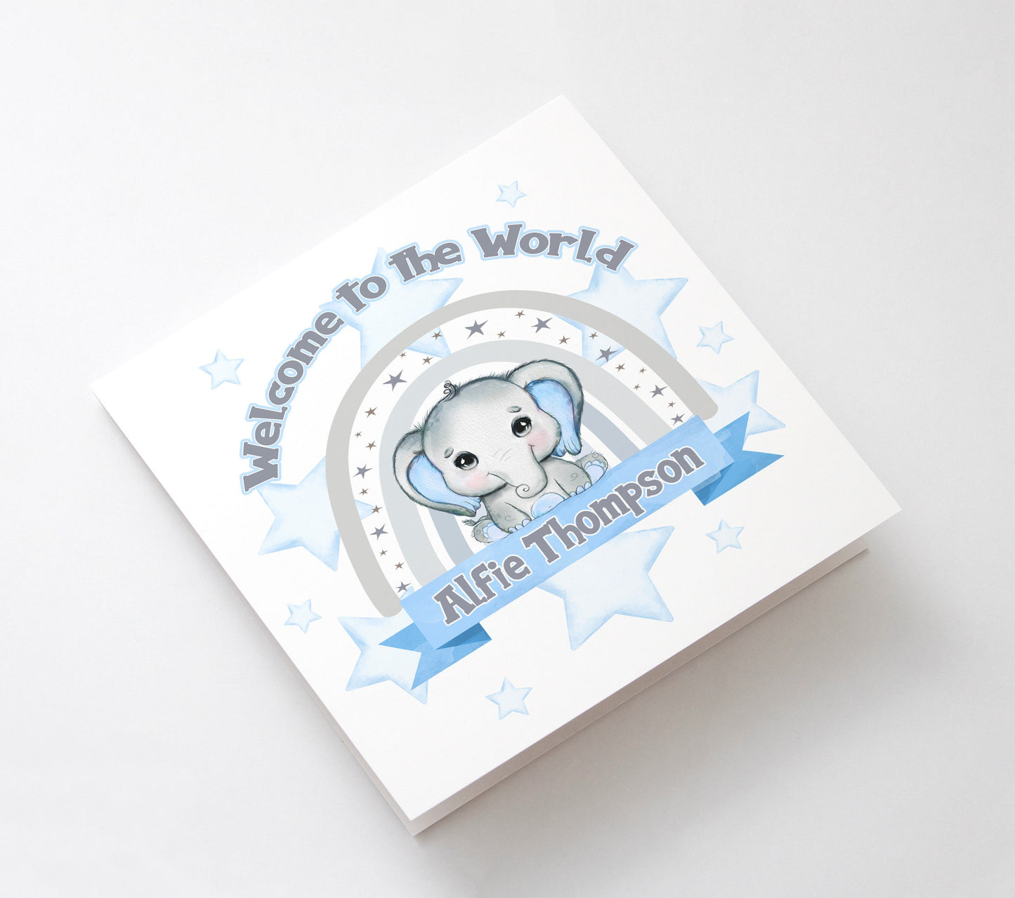 Personalised New Baby Boy Card, Welcome To The World Baby Boys Greetings Card, Newborn Gift, New Baby Boy Card, Keepsake Elephant,