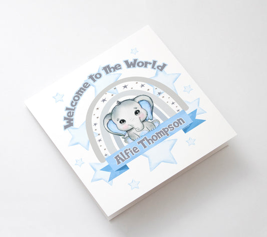 Personalised New Baby Boy Card, Welcome To The World Baby Boys Greetings Card, Newborn Gift, New Baby Boy Card, Keepsake Elephant,